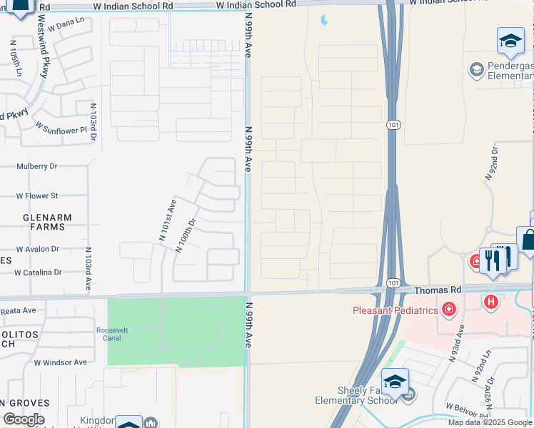 map of restaurants, bars, coffee shops, grocery stores, and more near 3301 North 99th Avenue in Phoenix