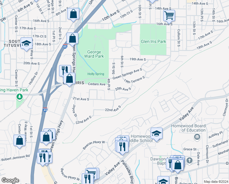 map of restaurants, bars, coffee shops, grocery stores, and more near 2009 5th Street South in Birmingham
