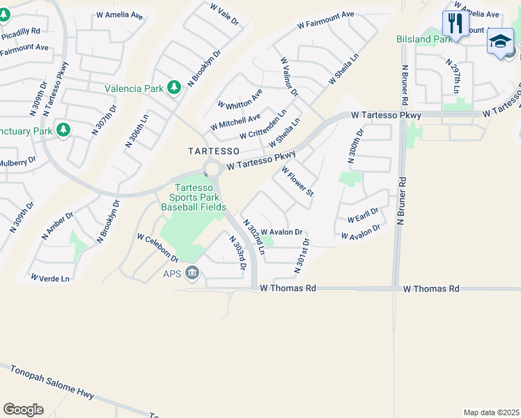 map of restaurants, bars, coffee shops, grocery stores, and more near 3235 North 302nd Court in Buckeye