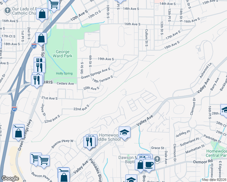 map of restaurants, bars, coffee shops, grocery stores, and more near 901 Valley Avenue in Birmingham