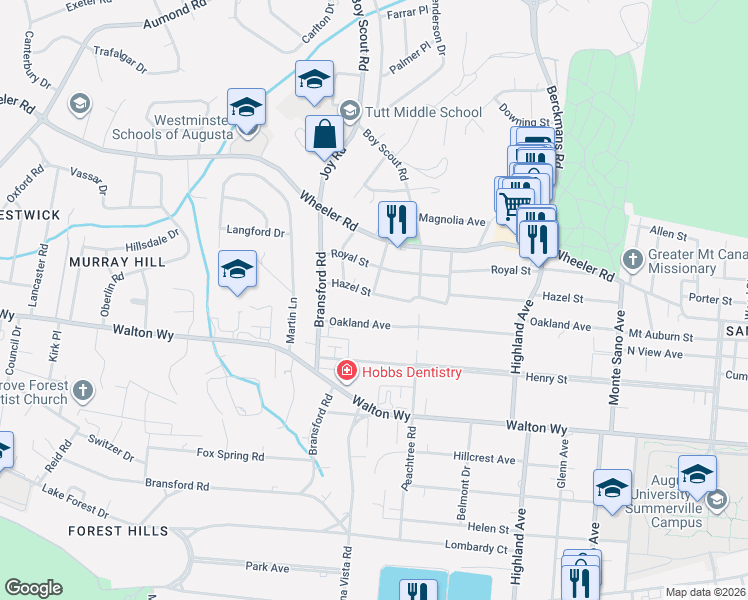 map of restaurants, bars, coffee shops, grocery stores, and more near 2812 Hazel Street in Augusta