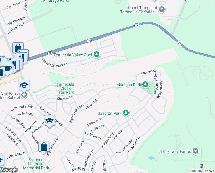 map of restaurants, bars, coffee shops, grocery stores, and more near 44320 Nighthawk Pass in Temecula