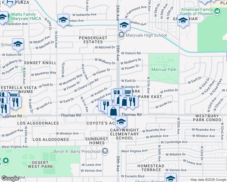 map of restaurants, bars, coffee shops, grocery stores, and more near 3018 North 59th Avenue in Phoenix