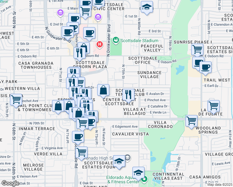 map of restaurants, bars, coffee shops, grocery stores, and more near 3031 North Civic Center Plaza in Scottsdale