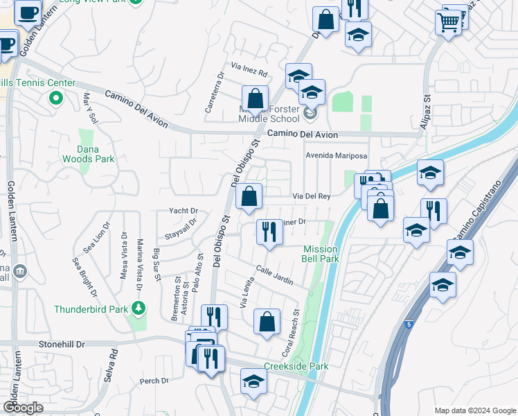 map of restaurants, bars, coffee shops, grocery stores, and more near 33022 Commodore Court in San Juan Capistrano