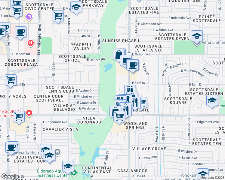 map of restaurants, bars, coffee shops, grocery stores, and more near 3099 North 78th Street in Scottsdale