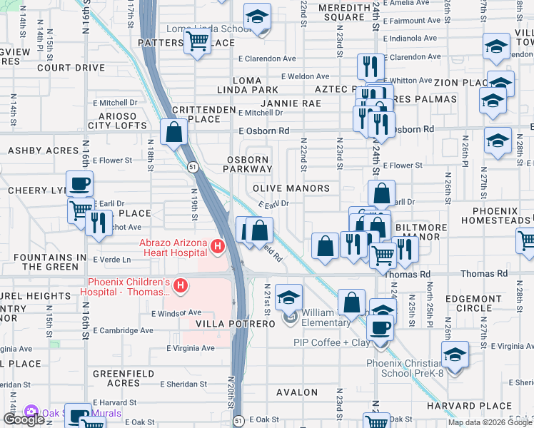 map of restaurants, bars, coffee shops, grocery stores, and more near 3013 North 21st Street in Phoenix