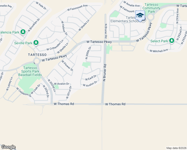 map of restaurants, bars, coffee shops, grocery stores, and more near 29966 West Earll Drive in Buckeye