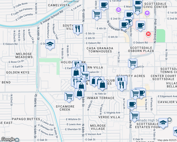 map of restaurants, bars, coffee shops, grocery stores, and more near 6801 East Avalon Drive in Scottsdale