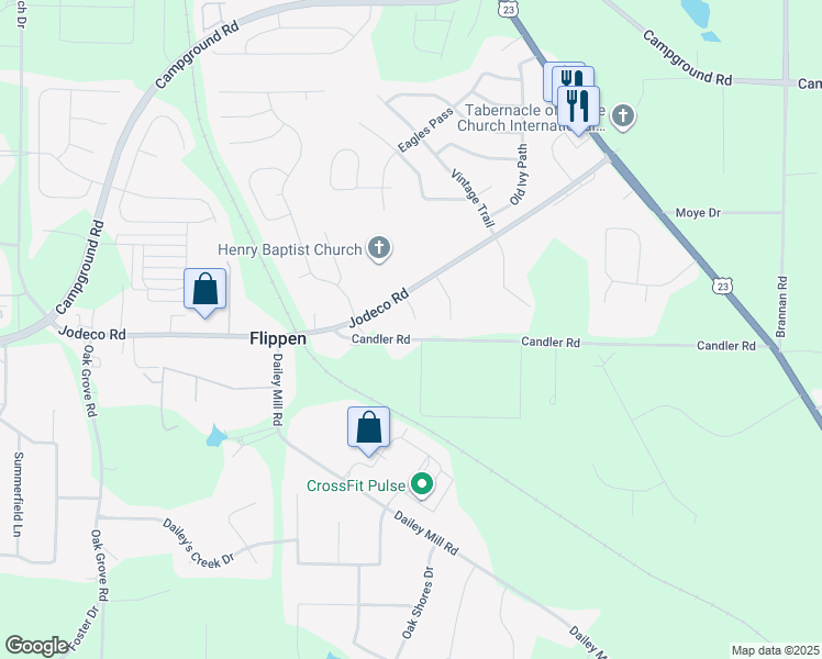 map of restaurants, bars, coffee shops, grocery stores, and more near 40 Joyce Court in McDonough