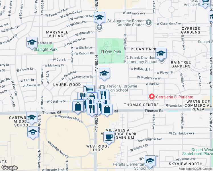 map of restaurants, bars, coffee shops, grocery stores, and more near 7422 West Catalina Drive in Phoenix
