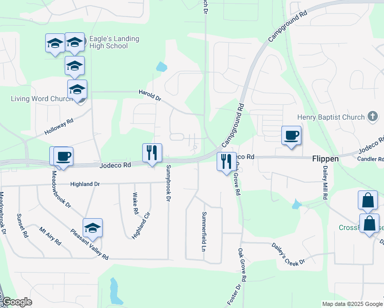 map of restaurants, bars, coffee shops, grocery stores, and more near 418 Kenley Court in McDonough