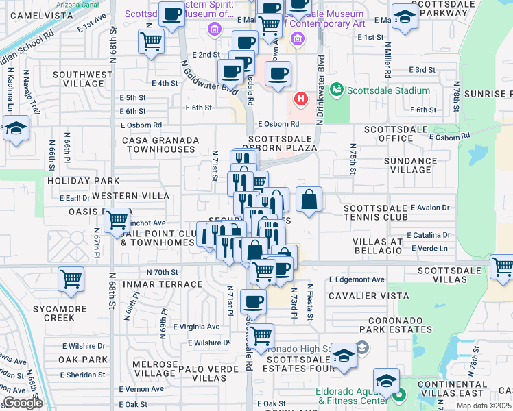 map of restaurants, bars, coffee shops, grocery stores, and more near 3033 North Scottsdale Road in Scottsdale