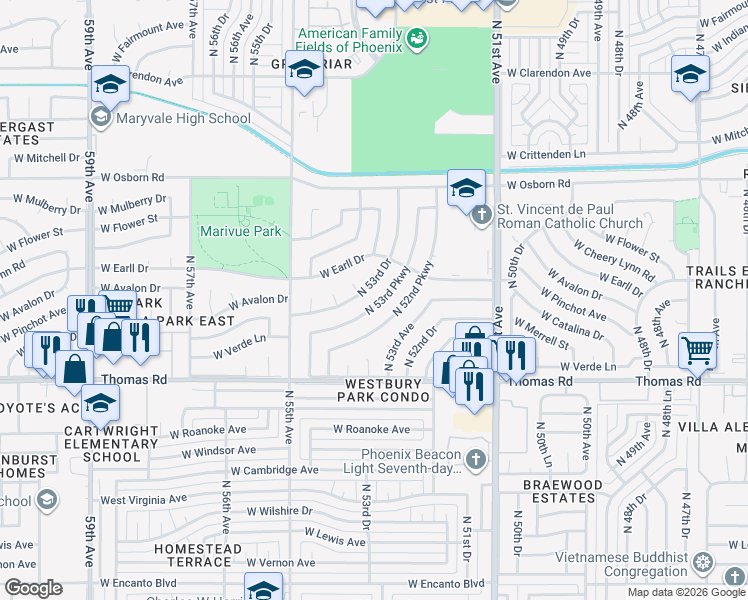 map of restaurants, bars, coffee shops, grocery stores, and more near 2974 North 53rd Parkway in Phoenix