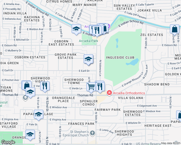 map of restaurants, bars, coffee shops, grocery stores, and more near 3030 North 56th Street in Phoenix