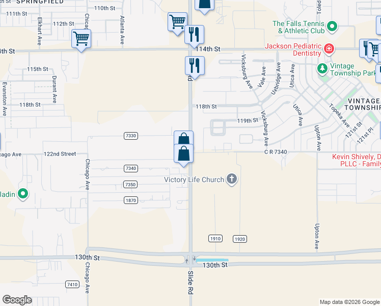 map of restaurants, bars, coffee shops, grocery stores, and more near 122nd Street in Lubbock