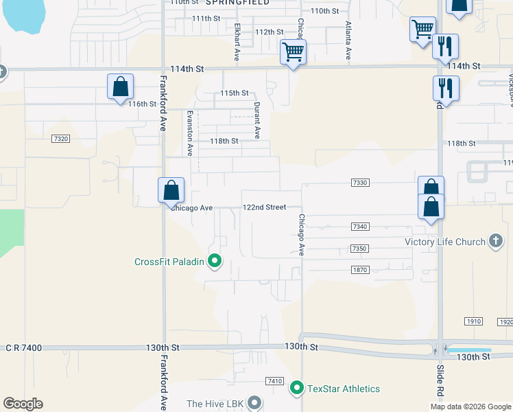 map of restaurants, bars, coffee shops, grocery stores, and more near 5605-5611 122nd Street in Lubbock