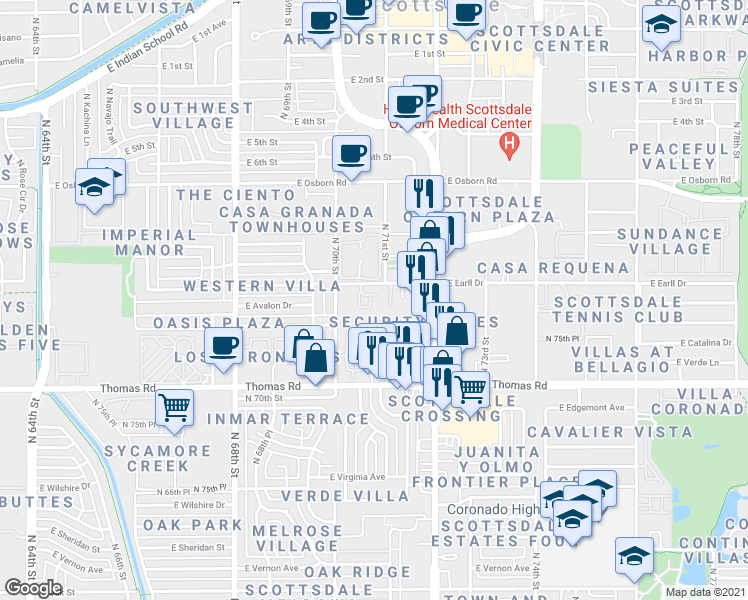 map of restaurants, bars, coffee shops, grocery stores, and more near 3027 North 70th Street in Scottsdale
