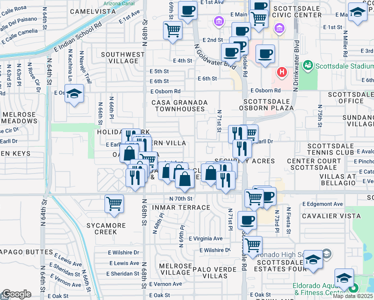 map of restaurants, bars, coffee shops, grocery stores, and more near 6925 East Avalon Drive in Scottsdale