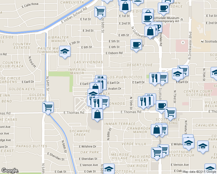map of restaurants, bars, coffee shops, grocery stores, and more near 6801 East Avalon Drive in Scottsdale