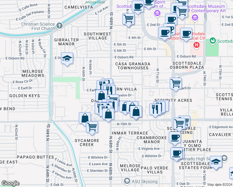 map of restaurants, bars, coffee shops, grocery stores, and more near 6801 East Avalon Drive in Scottsdale
