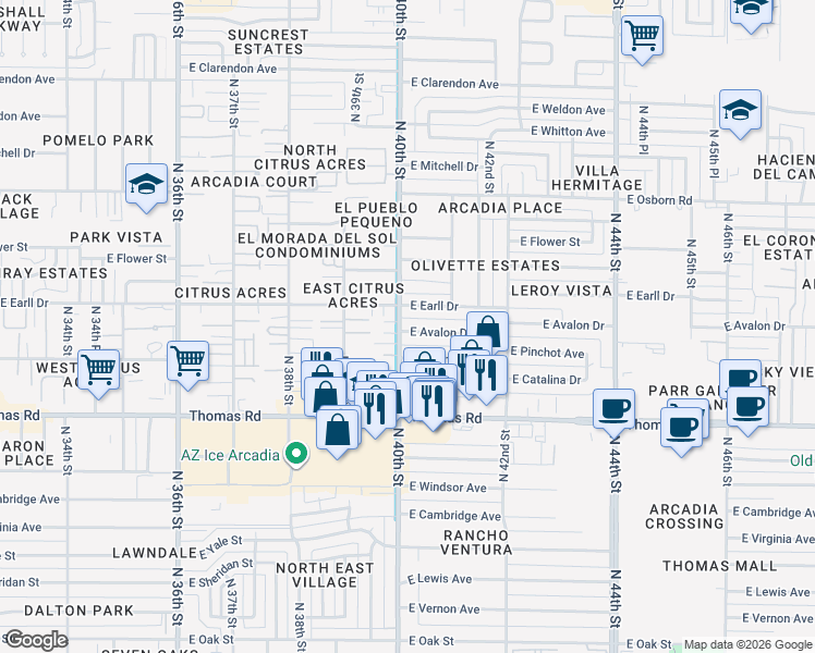 map of restaurants, bars, coffee shops, grocery stores, and more near 4021 East Avalon Drive in Phoenix