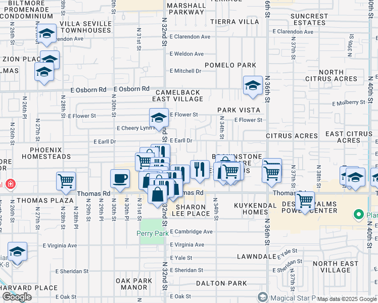 map of restaurants, bars, coffee shops, grocery stores, and more near 2320 East Pinchot Avenue in Phoenix