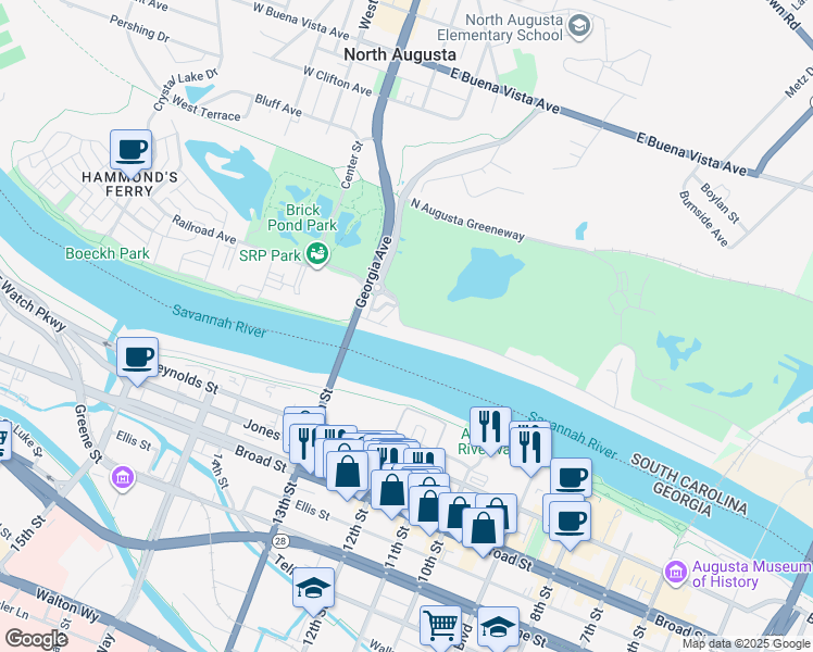 map of restaurants, bars, coffee shops, grocery stores, and more near 188 East Shoreline Drive in North Augusta