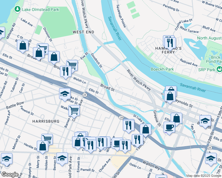 map of restaurants, bars, coffee shops, grocery stores, and more near 1692 Broad Street in Augusta