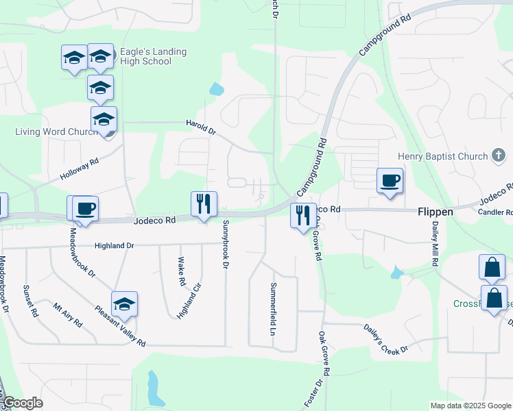 map of restaurants, bars, coffee shops, grocery stores, and more near 418 Kenley Court in McDonough