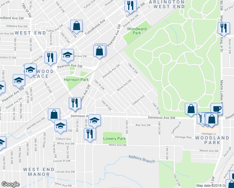 map of restaurants, bars, coffee shops, grocery stores, and more near 1205 16th Street Southwest in Birmingham