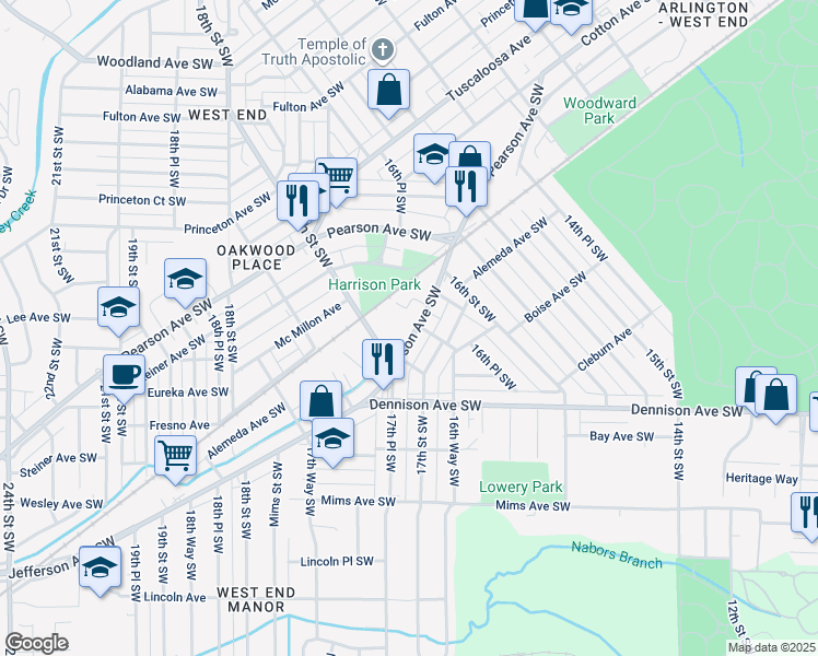 map of restaurants, bars, coffee shops, grocery stores, and more near 1676 Jefferson Avenue Southwest in Birmingham