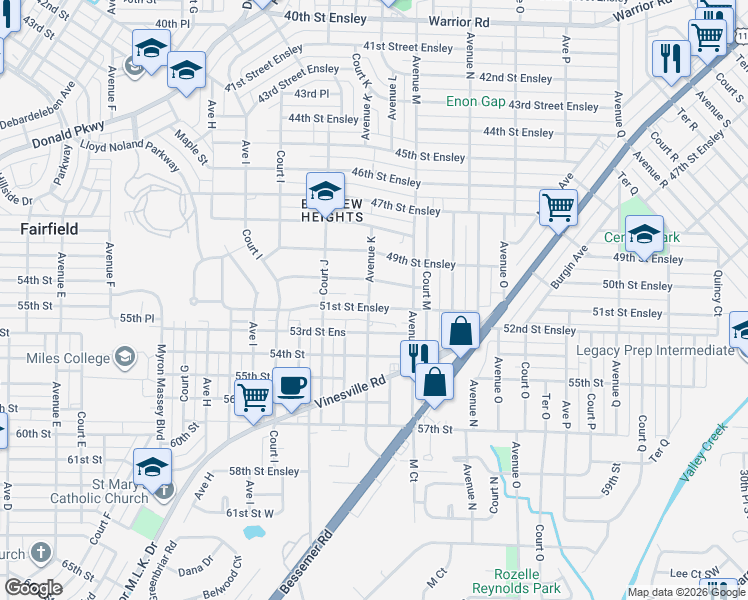 map of restaurants, bars, coffee shops, grocery stores, and more near 1101 51st Street Ensley in Birmingham