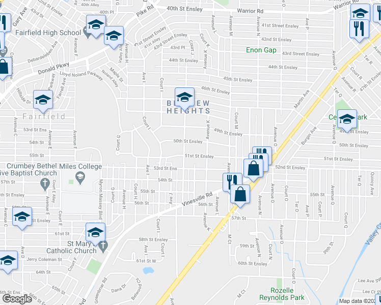 map of restaurants, bars, coffee shops, grocery stores, and more near 1033 51st Street Ensley in Birmingham