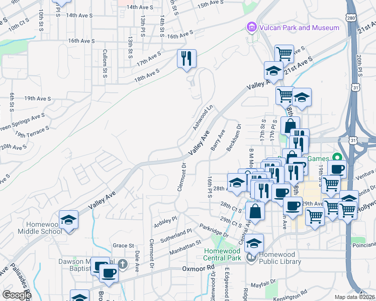 map of restaurants, bars, coffee shops, grocery stores, and more near 1610 Valley Avenue in Birmingham