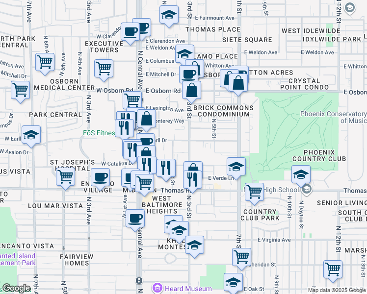 map of restaurants, bars, coffee shops, grocery stores, and more near 3030 North 3rd Street in Phoenix