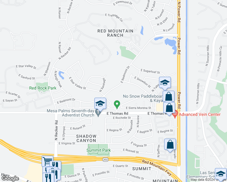 map of restaurants, bars, coffee shops, grocery stores, and more near 6349 East Redmont Drive in Mesa