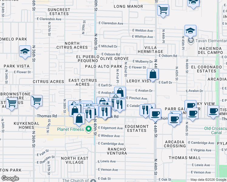 map of restaurants, bars, coffee shops, grocery stores, and more near 4107 East Avalon Drive in Phoenix