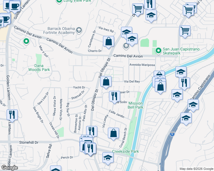 map of restaurants, bars, coffee shops, grocery stores, and more near 33036 Commodore Court in San Juan Capistrano