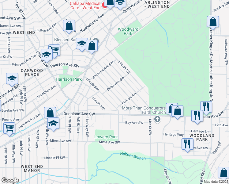 map of restaurants, bars, coffee shops, grocery stores, and more near 1217 15th Way Southwest in Birmingham