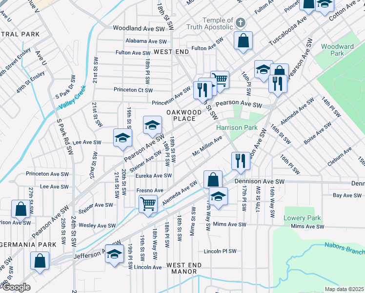 map of restaurants, bars, coffee shops, grocery stores, and more near 1785 Steiner Avenue Southwest in Birmingham