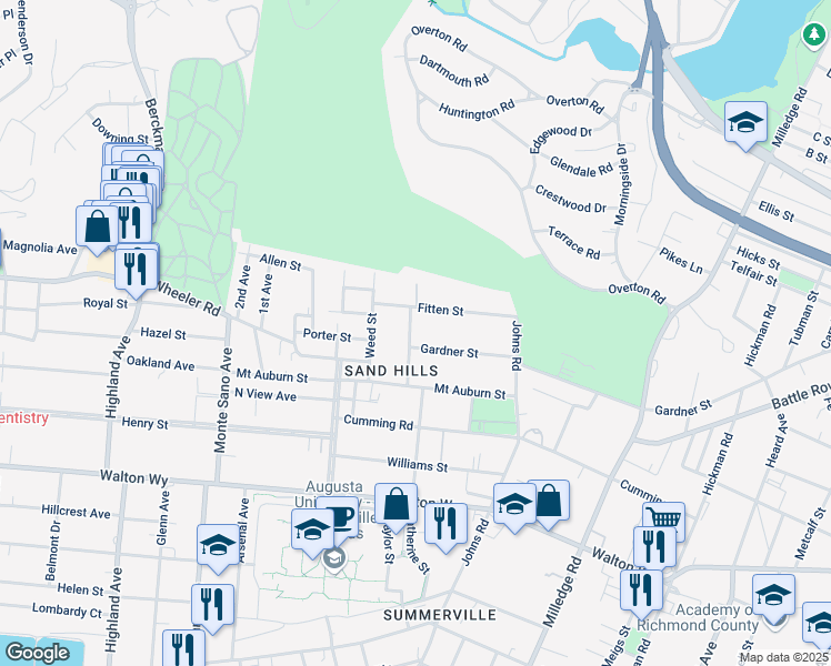 map of restaurants, bars, coffee shops, grocery stores, and more near 627 Montgomery Street in Augusta