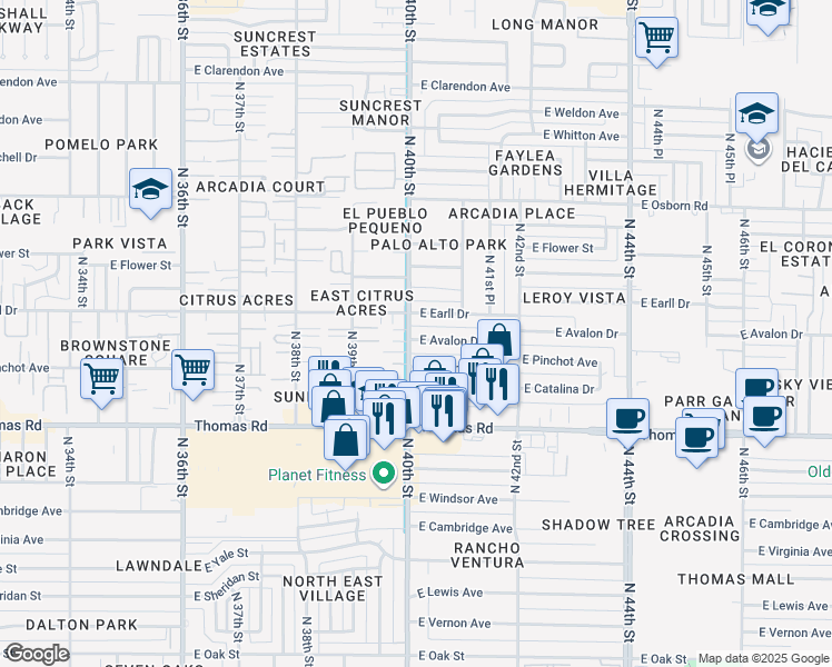 map of restaurants, bars, coffee shops, grocery stores, and more near 4021 East Avalon Drive in Phoenix