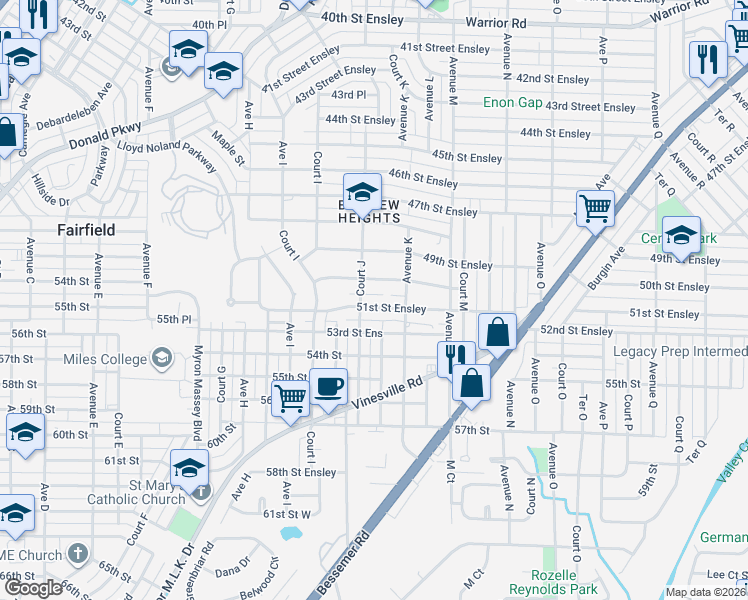 map of restaurants, bars, coffee shops, grocery stores, and more near 1033 51st Street Ensley in Birmingham