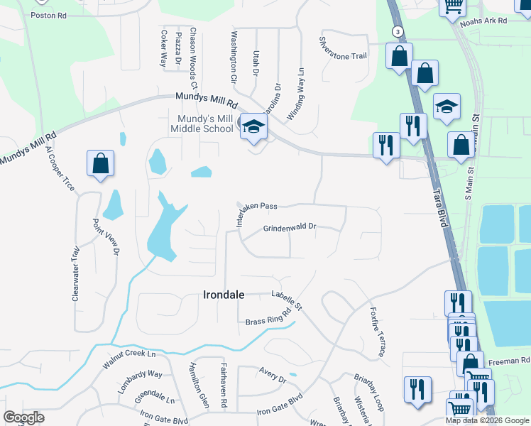 map of restaurants, bars, coffee shops, grocery stores, and more near 1271 Interlaken Pass in Jonesboro