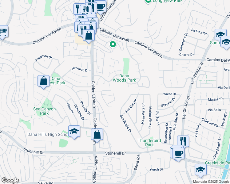 map of restaurants, bars, coffee shops, grocery stores, and more near 33022 Sunharbor in Dana Point