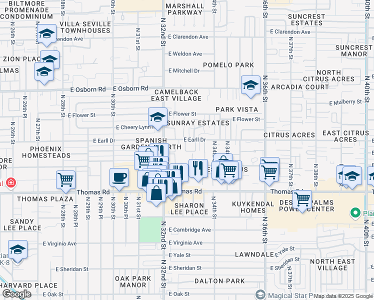 map of restaurants, bars, coffee shops, grocery stores, and more near 2320 East Pinchot Avenue in Phoenix