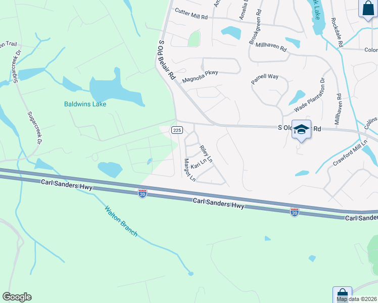 map of restaurants, bars, coffee shops, grocery stores, and more near 7214 Krista Lane in Grovetown