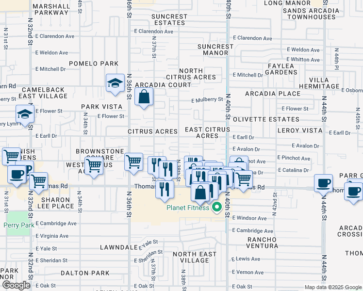 map of restaurants, bars, coffee shops, grocery stores, and more near 3017 North 38th Street in Phoenix