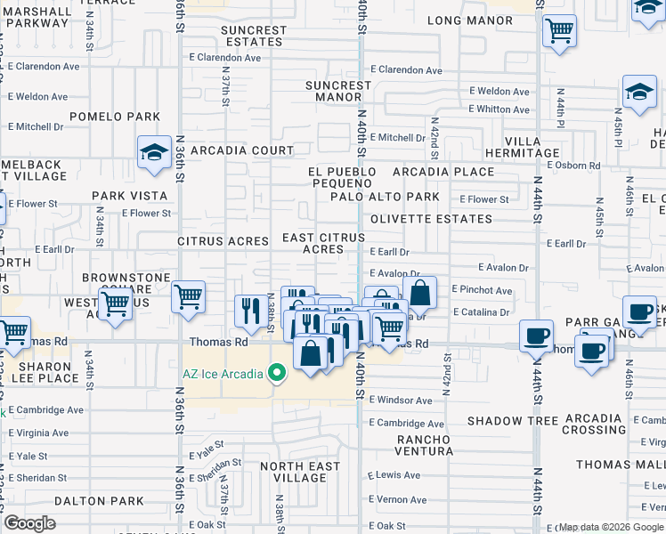 map of restaurants, bars, coffee shops, grocery stores, and more near 3021 North 39th Street in Phoenix